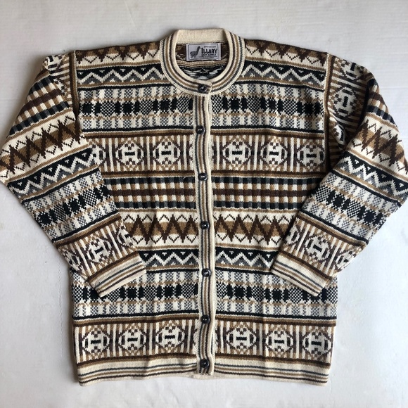 Vintage Sweaters - Vintage Artesian Illary Baby Alpaca Aztec Knit Cardigan Sweater